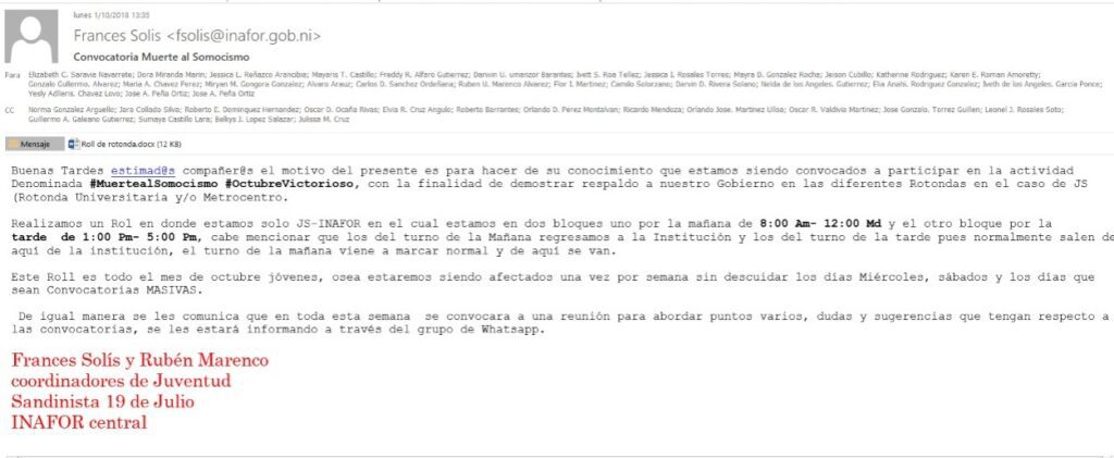 Los correos electrónicos que confirman el control político del FSLN sobre los empleados públicos