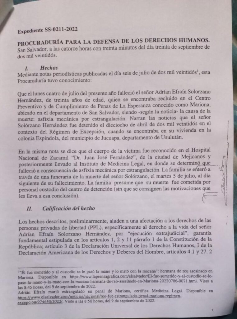 La PDDH de El Salvador investiga “ejecución extrajudicial” de un detenido durante el régimen de excepción de Bukele