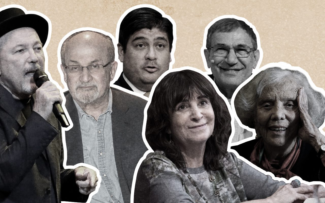 De izquierda a derecha: Rubén Blades, compositor panameño; Salman Rushdie, escritor británico; Carlos Alvarado, expresidente costarricense; Rosa Montero, escritora española; Orhan Pamuk, Nobel de Literatura 2016; Elena Poniatowska, escritora. Fotos: EFE. Collage: Divergentes