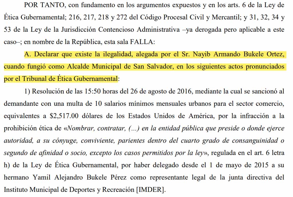 La Corte de Bukele anula una condena por nepotismo contra Bukele