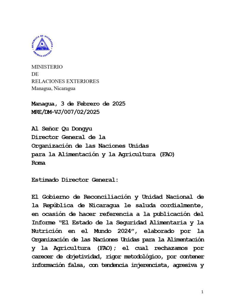 Dictadura sandinista expulsa a la FAO de Nicaragua y se retira del organismo