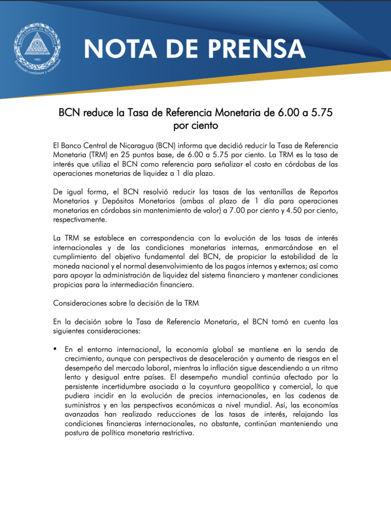 Tasa de Referencia Monetaria en Nicaragua: te explicamos por qué sigue siendo la más cara de Centroamérica