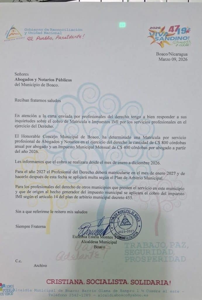 Cobro fijo a abogados en Boaco genera polémica por contradicción con Decreto Ejecutivo y el riesgo que se aplique en toda Nicaragua