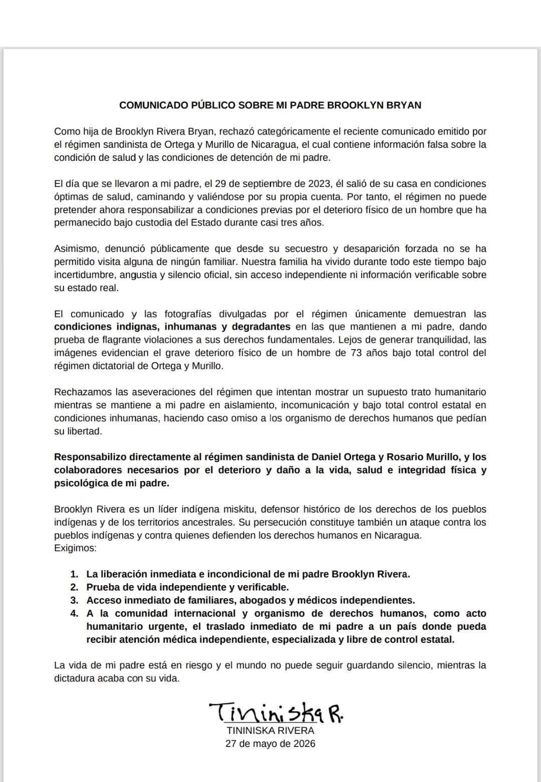 La dictadura Ortega-Murillo presenta a Brooklyn Rivera al borde de la muerte tras más de 970 días desaparecido