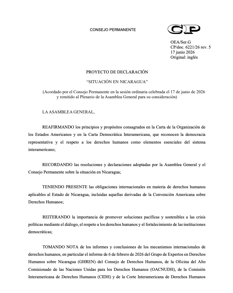 Proyecto de resolución sobre Nicaragua que será discutido por los países miembros de la OEA.
