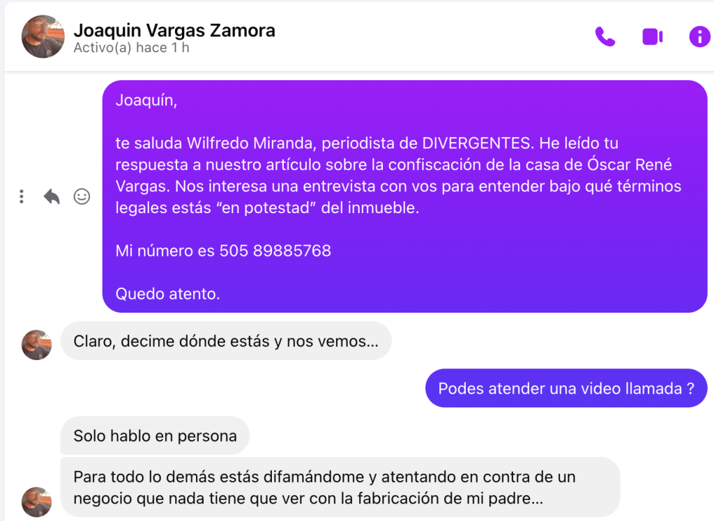 Joaquín Vargas Zamora admite que la dictadura Ortega-Murillo le dio la casa que confiscó a su papá, el preso político desterrado Óscar René Vargas