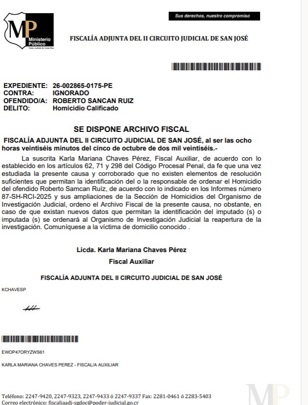 Fiscalía archiva causa que buscaba identificar al autor intelectual del asesinato de Roberto Samcam 1 Fiscalía de Costa Rica archiva causa que busca identificar al autor intelectual del asesinato de Roberto Samcam
